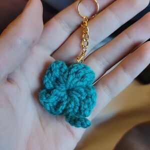 Lucky Clover Irish Green With Gold Chain Handmade Crochet Keychain Charm